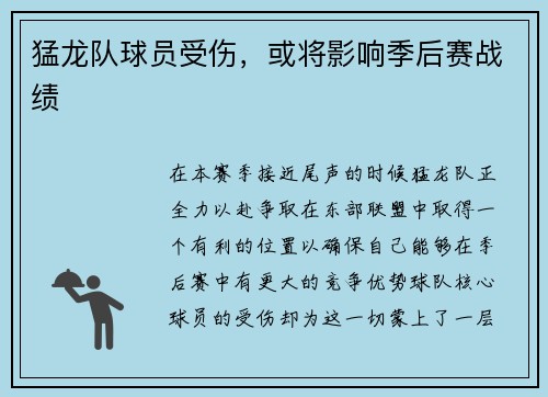 猛龙队球员受伤，或将影响季后赛战绩